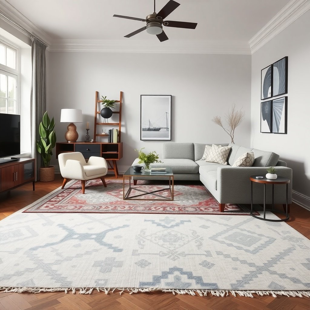 A stylish living room featuring layered area rugs, showcasing a mix of patterns and colors.