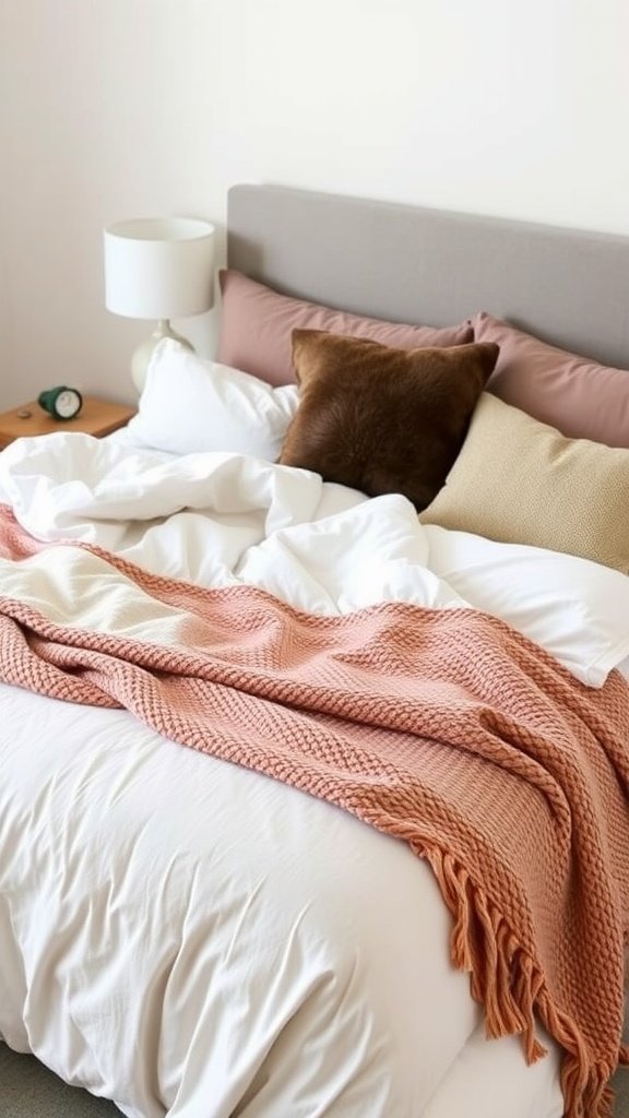 Layered bedding with pillows and throws in soft colors and textures.