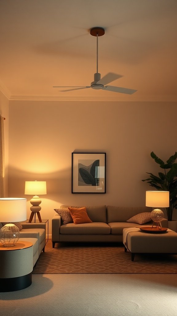 A cozy living room with layered lighting including floor lamps and a ceiling fan.