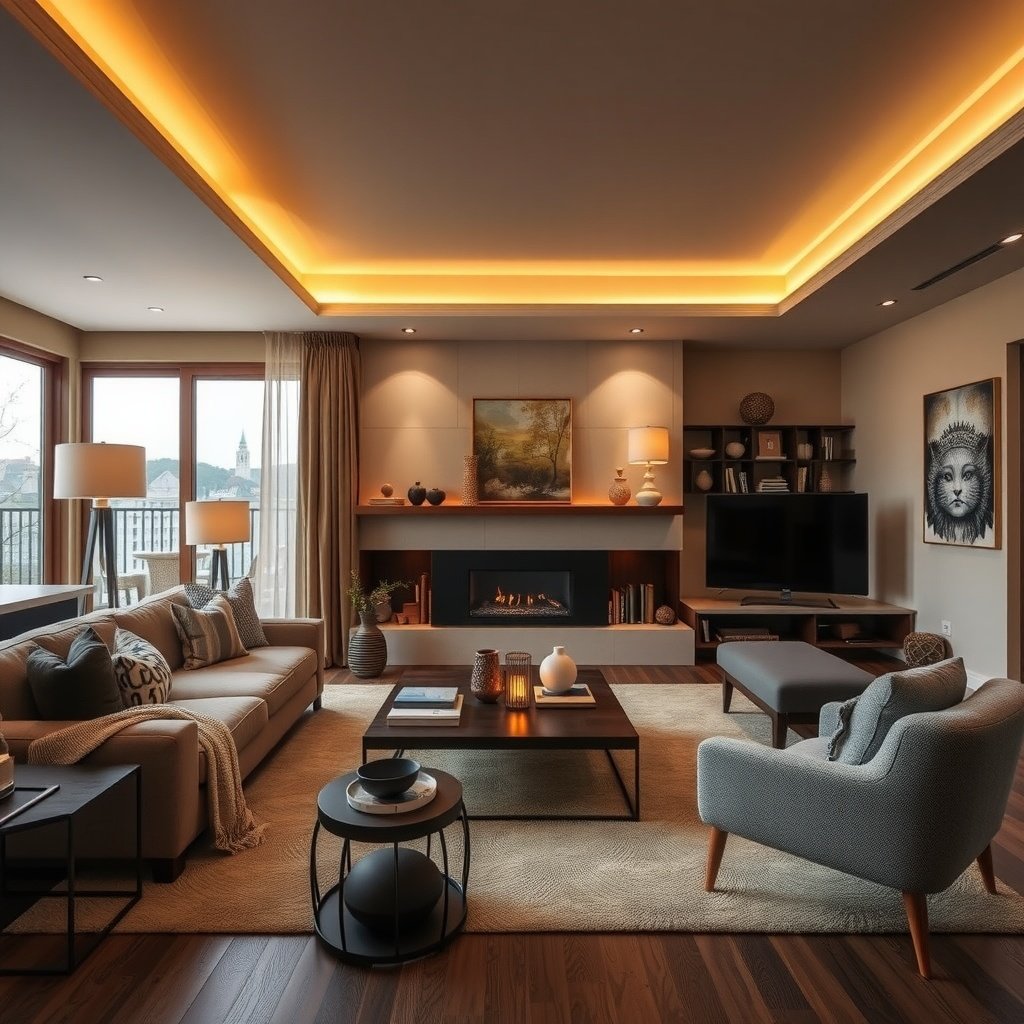 A bright boho chic living room with layered lighting and cozy decor.