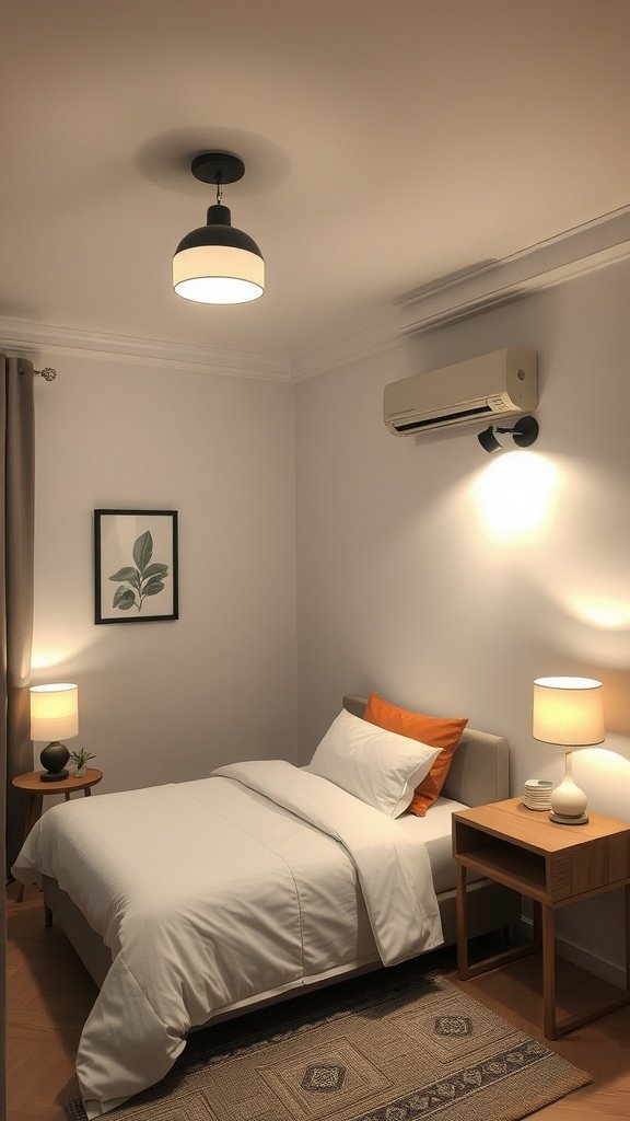 Cozy small bedroom with layered lighting, featuring overhead lamp, bedside lamps, and decorative elements.