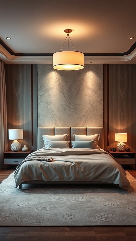 A cozy bedroom with layered lighting featuring pendant lights and bedside lamps.