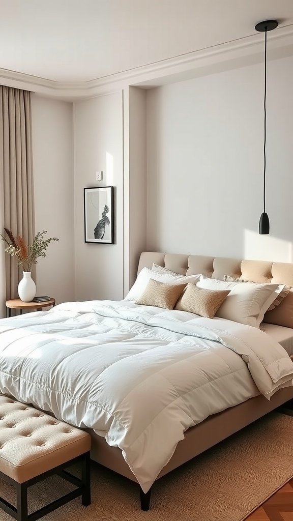 Cozy bedroom with layered neutral bedding and soft accents