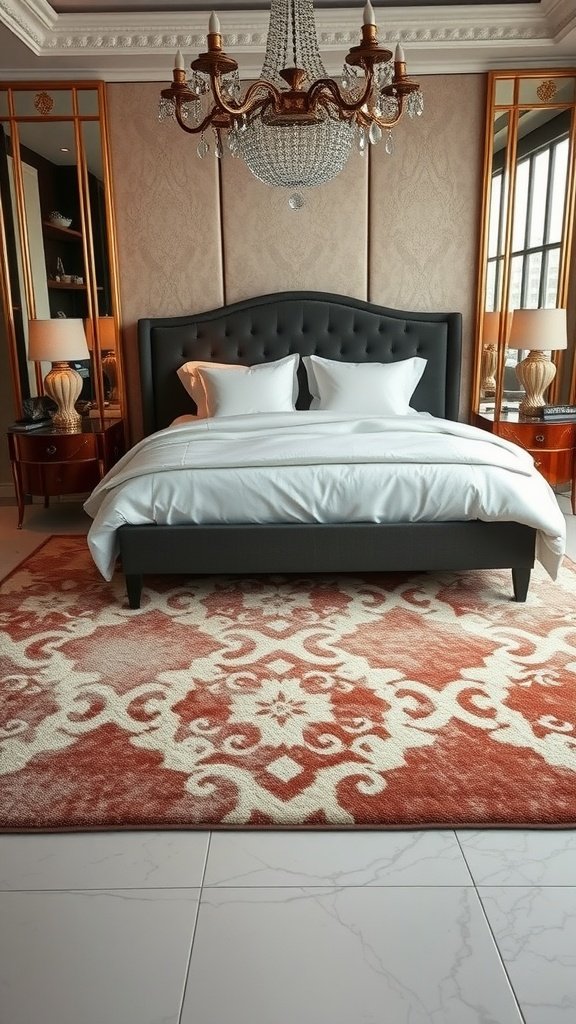 Cozy bedroom with layered rugs and elegant decor
