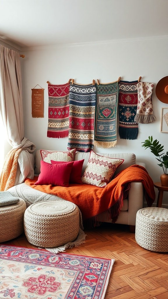 Cozy living room featuring layered textiles with vibrant throws and decorative pillows on a sofa.