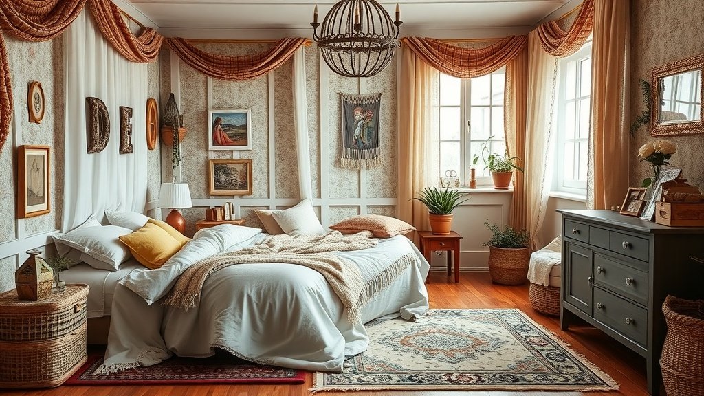 Cozy modern bedroom featuring layered textures with pillows, blankets, and natural decor.
