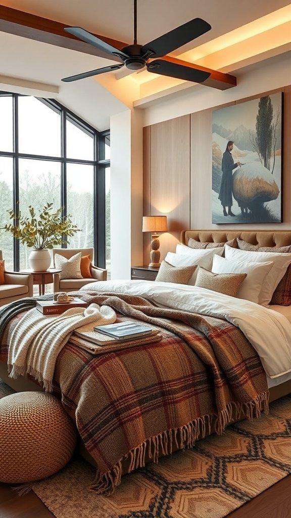 Cozy bedroom featuring layers of textures with throws and neutral bedding