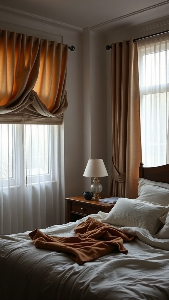 A cozy bedroom with layered window treatments, featuring sheer curtains and stylish drapes.