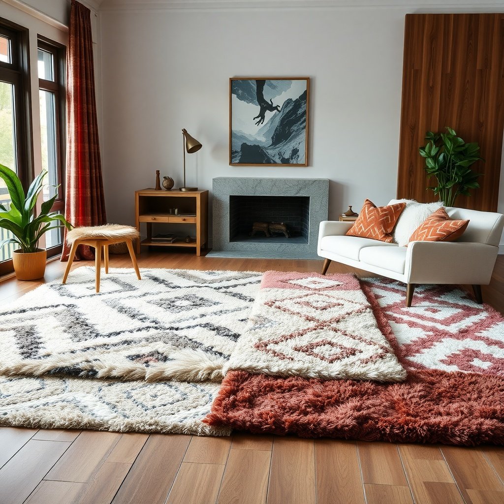 Cozy living room with layered plush rugs in various patterns and colors.
