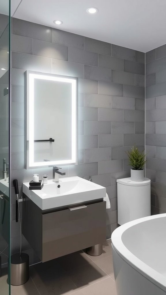 A modern bathroom featuring a LED backlit mirror above a stylish sink.