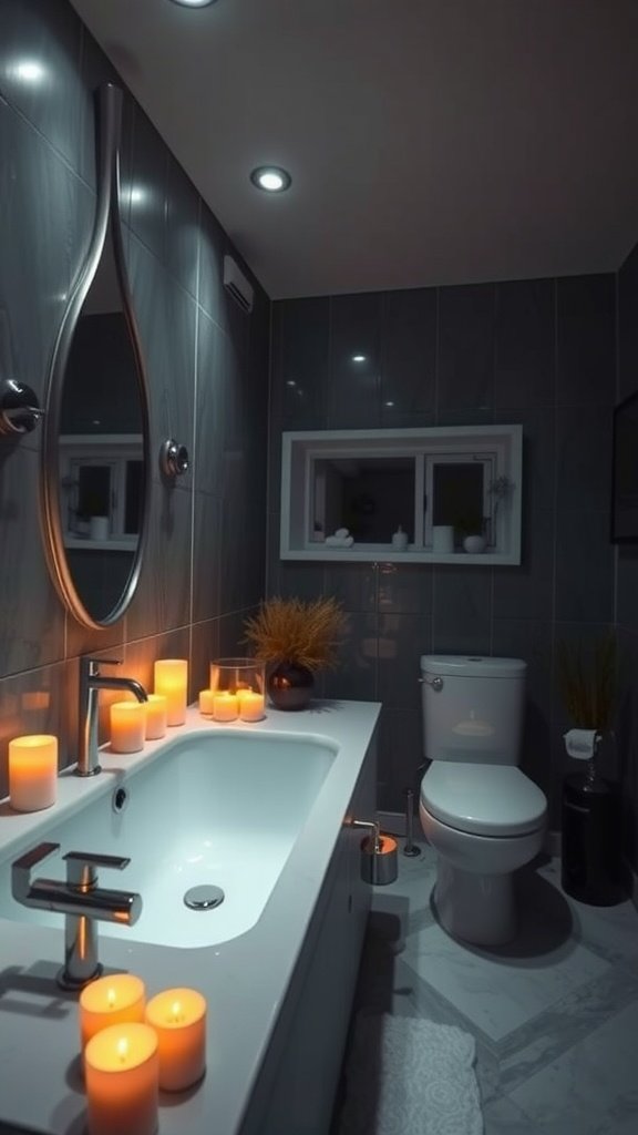 A bathroom with LED candle-like lights illuminating the space, creating a warm ambiance.