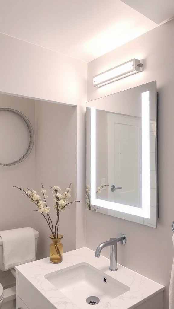 Modern bathroom with LED vanity lighting and a sleek mirror.