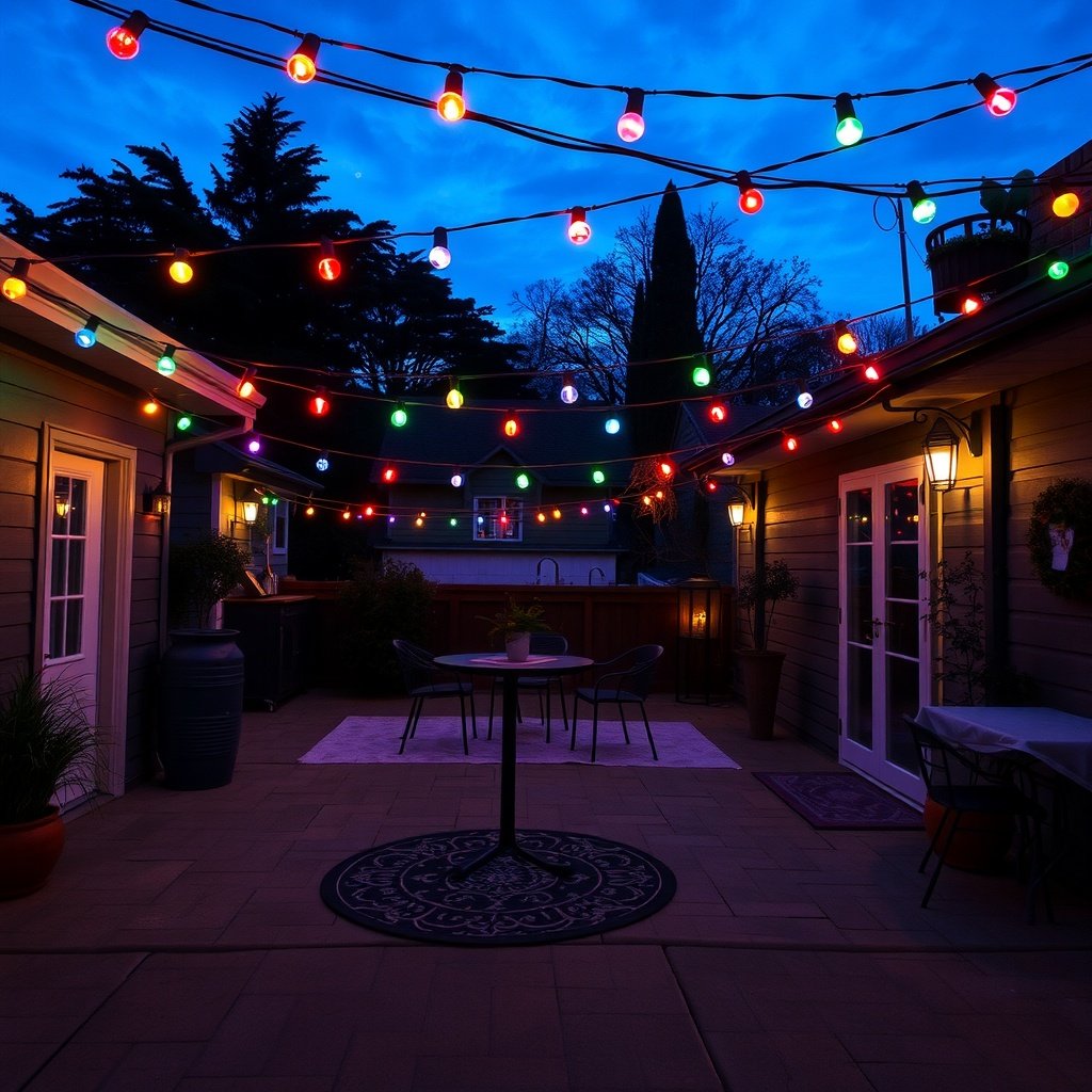 A patio decorated with colorful string lights hanging over a seating area.