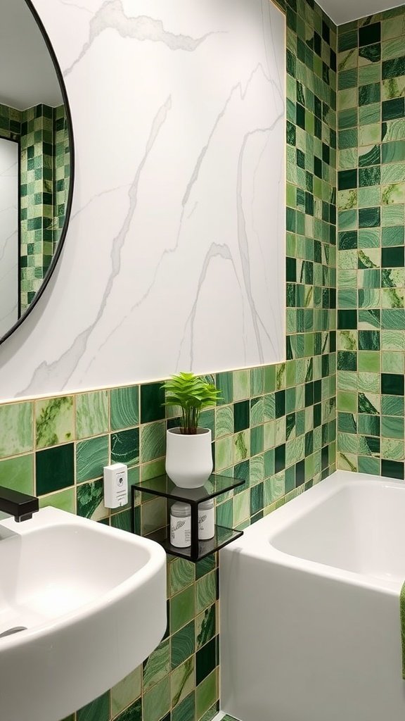 Bathroom with green tile accents on the wall.