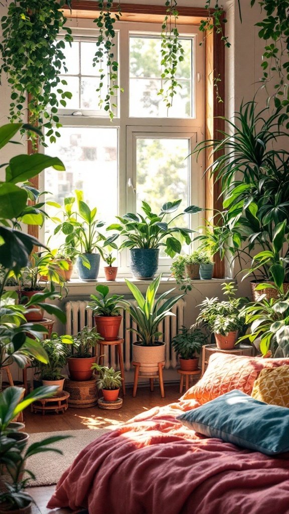 Cozy bedroom filled with a variety of indoor plants, creating a lush and inviting atmosphere.