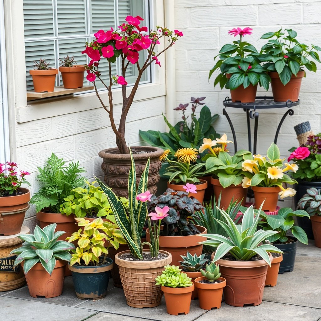 A variety of potted plants arranged in a cozy outdoor setting, featuring colorful flowers and lush greenery.