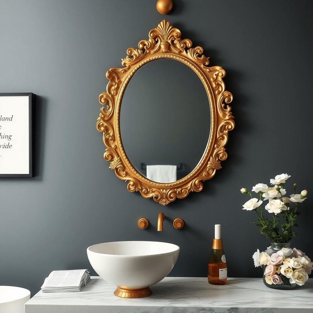 A luxe gold leaf mirror with ornate details above a modern sink in a bathroom setting.