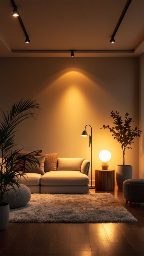 A stylish living room with layered lighting, featuring a cozy sofa, plants, and warm light sources.