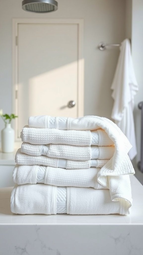 Stacked fluffy white towels in a modern bathroom setting