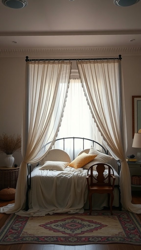 A cozy boho bedroom featuring a luxurious canopy bed with flowing curtains