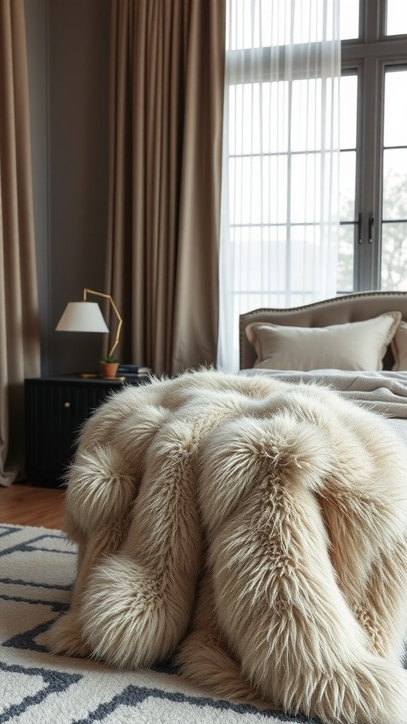 Cozy bedroom featuring a luxurious faux fur throw on the bed, complemented by elegant curtains and soft furnishings.