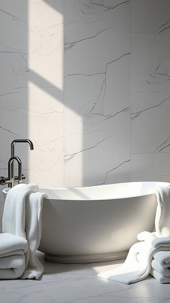 A luxurious freestanding bathtub surrounded by soft white towels in a chic bathroom setting.