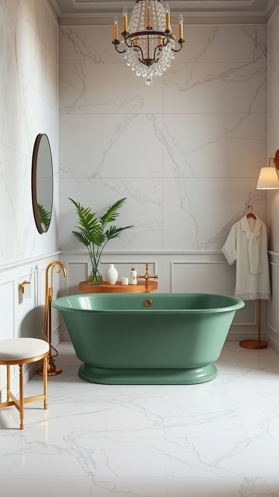 A luxurious green bathtub in a stylish bathroom with marble walls and elegant decor.