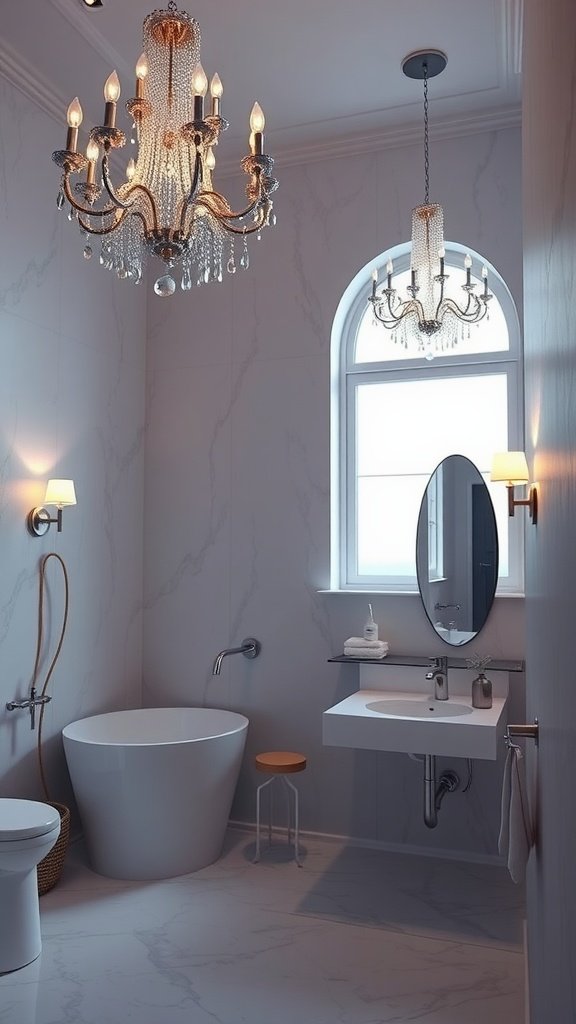 A modern bathroom featuring elegant chandeliers and wall sconces for luxurious lighting.