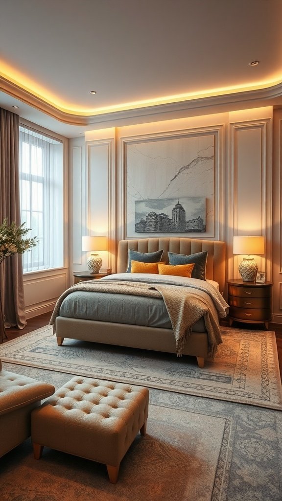Luxury bedroom with high-end finishes featuring taupe and white decor
