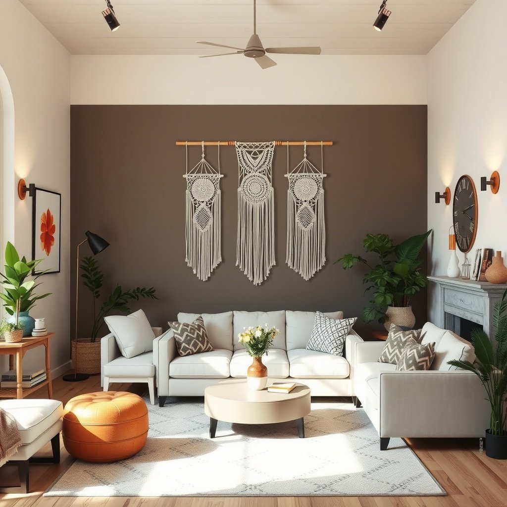 A beautifully decorated living room featuring macrame wall hangings, plants, and cozy furniture.