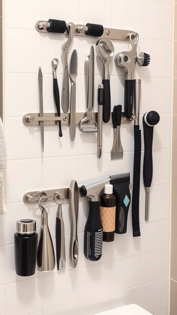 A wall-mounted magnetic strip holding various bathroom tools and accessories.
