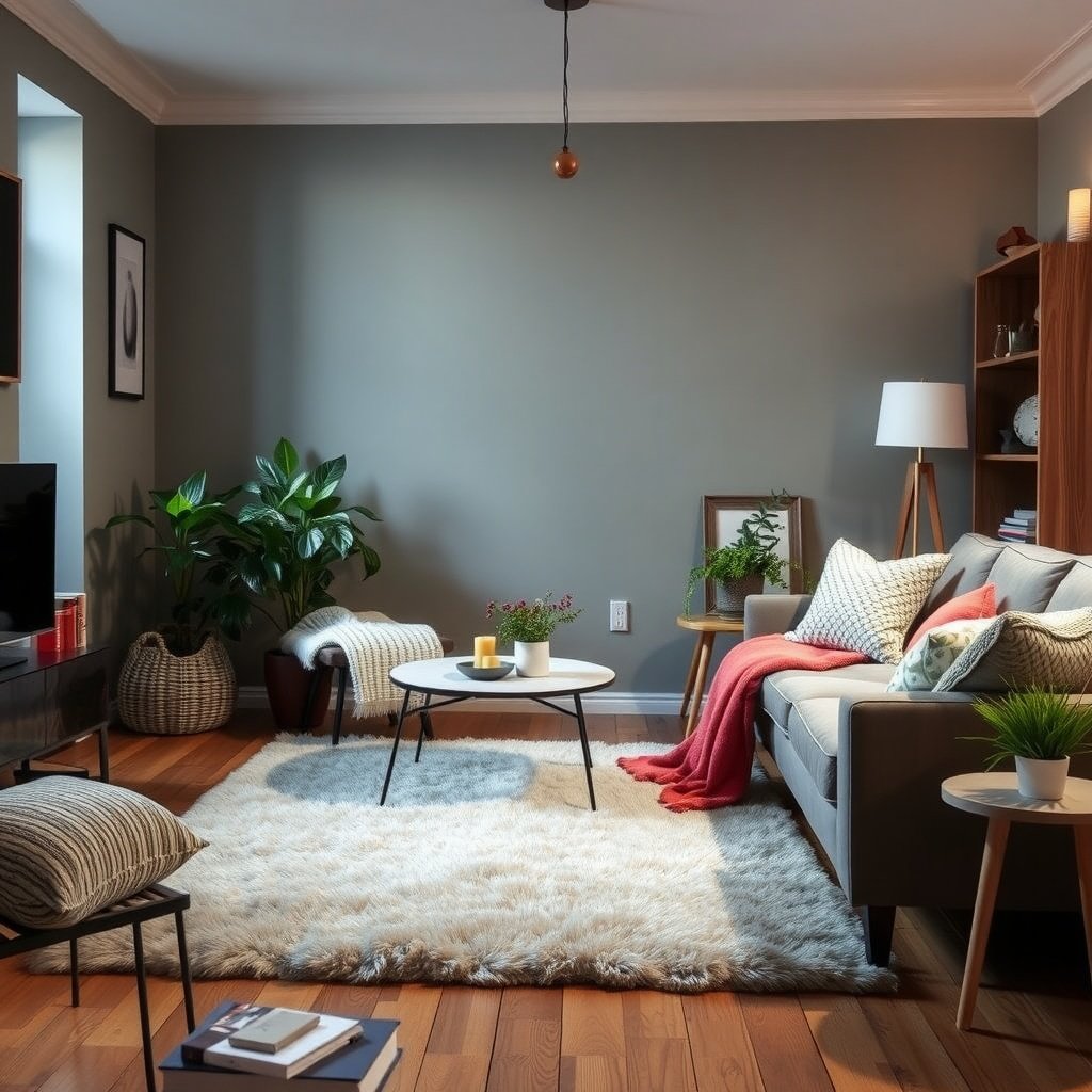 A cozy living room featuring a plush rug, plants, and inviting decor.