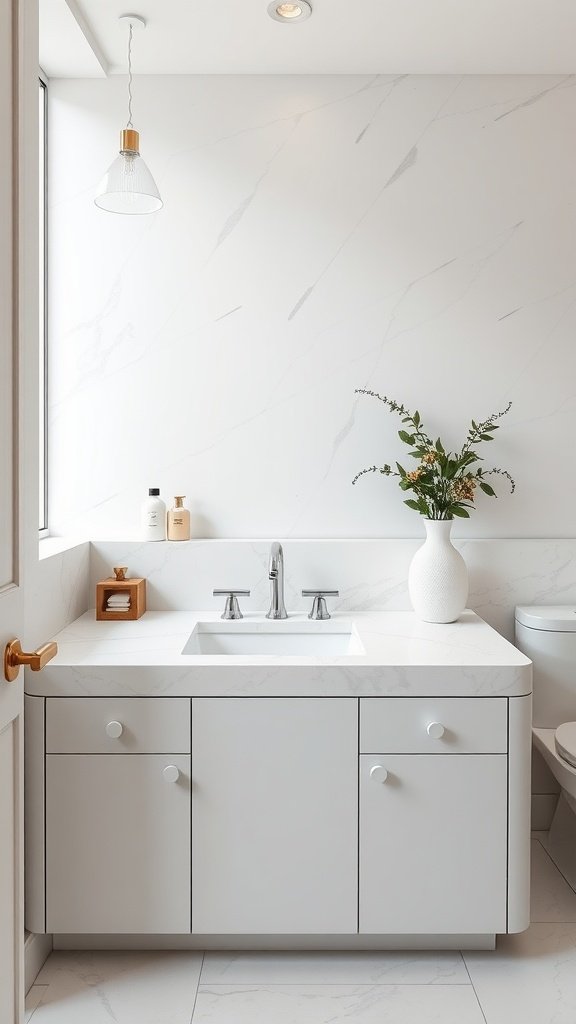 A modern bathroom featuring a marble countertop and backsplash with a minimalist design.
