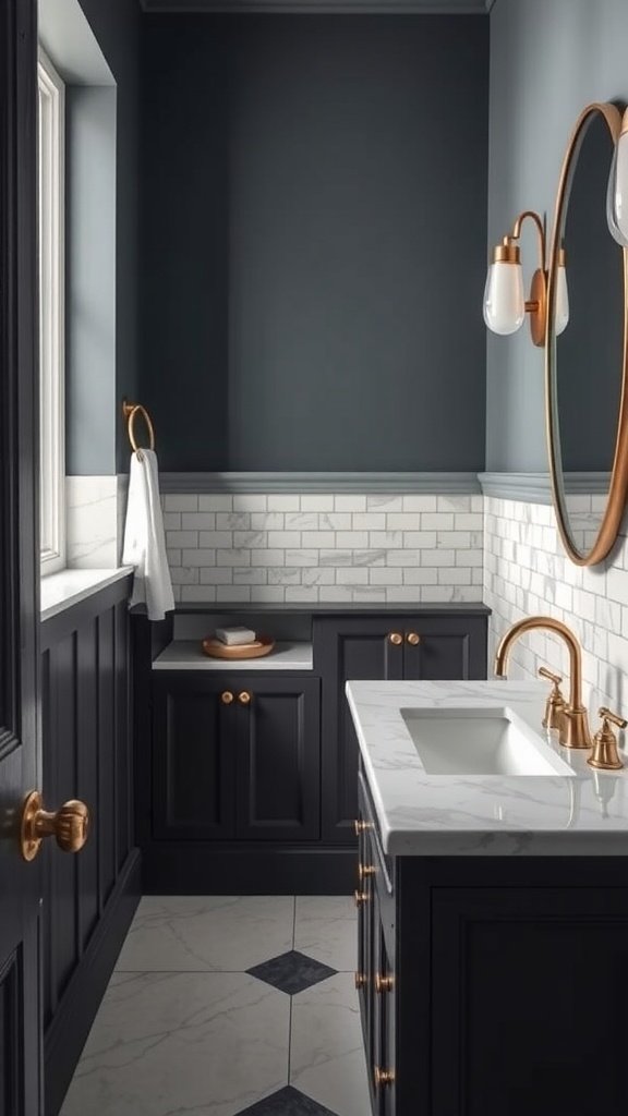 Bathroom featuring marble countertops and brass fixtures