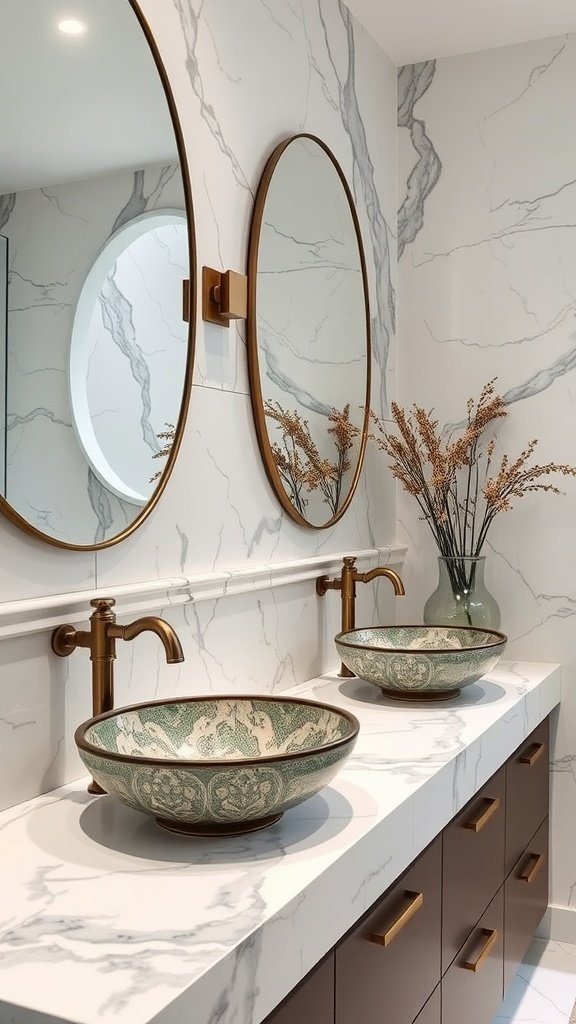 A bathroom with marble countertops featuring decorative vessel sinks, modern fixtures, and a stylish mirror.