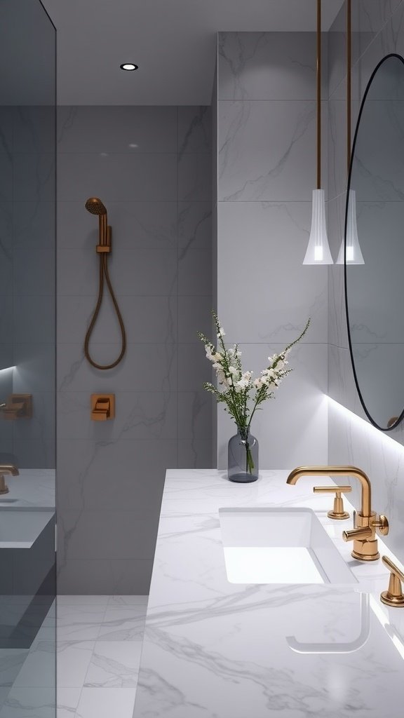 A modern bathroom featuring a marble countertop with under-lighting, elegant fixtures, and floral decor.