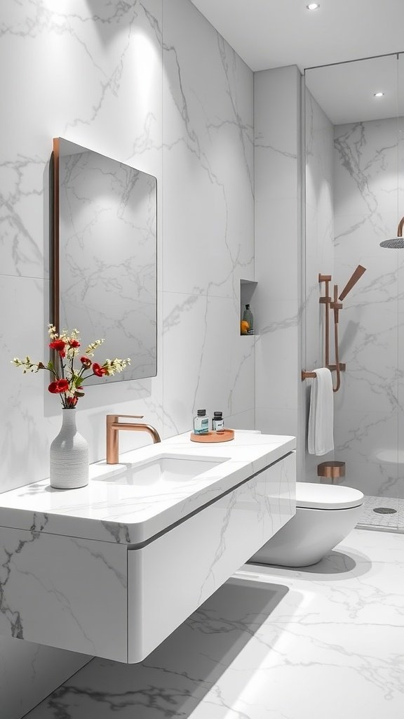 A sleek marble floating vanity in a modern bathroom setting.
