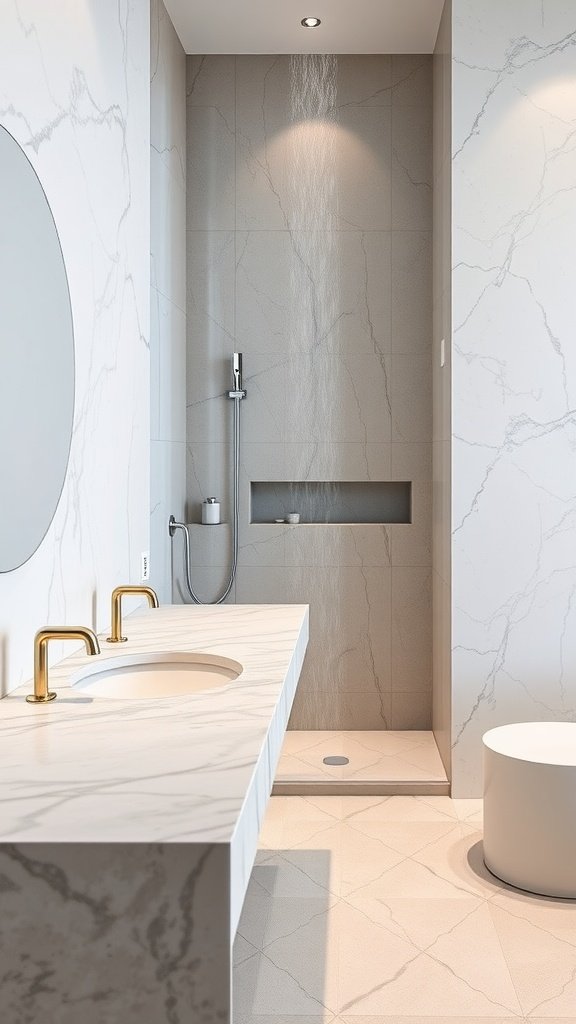 Modern bathroom with marble countertop featuring a waterfall edge, showcasing a minimalist design.