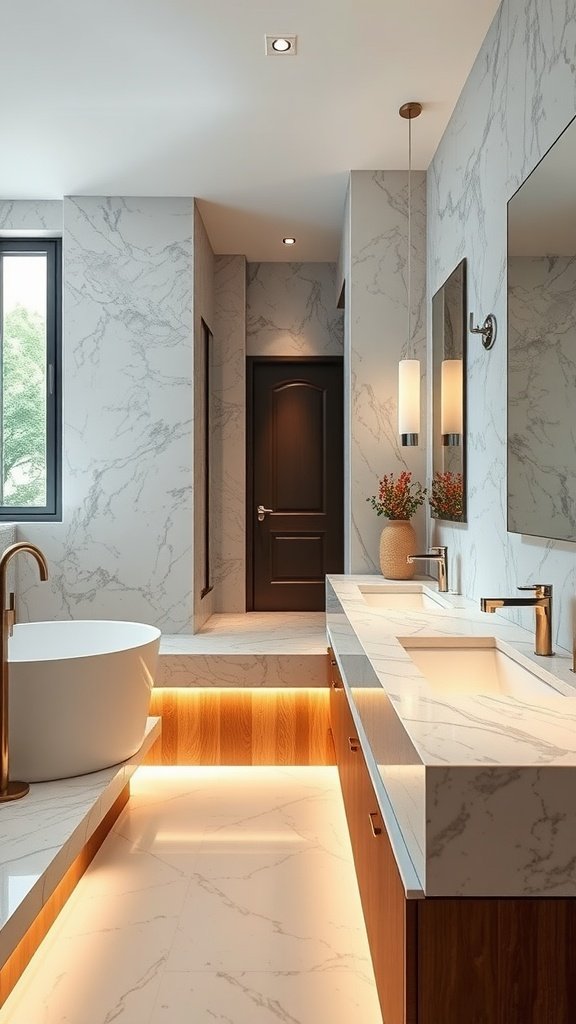 A luxurious bathroom featuring a marble countertop with integrated lighting, showcasing a modern design.
