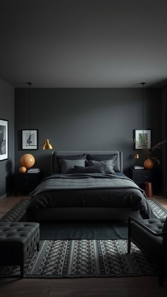 A sleek, dark-toned bedroom featuring a gray bed, warm lighting, and stylish decor.