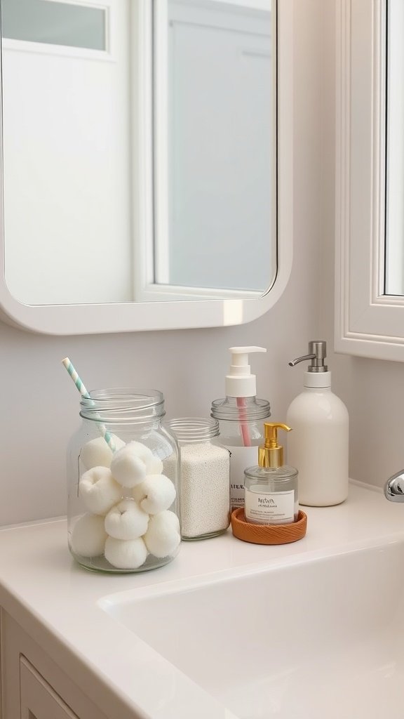 A bathroom counter with mason jars storing cotton balls and bath salts.