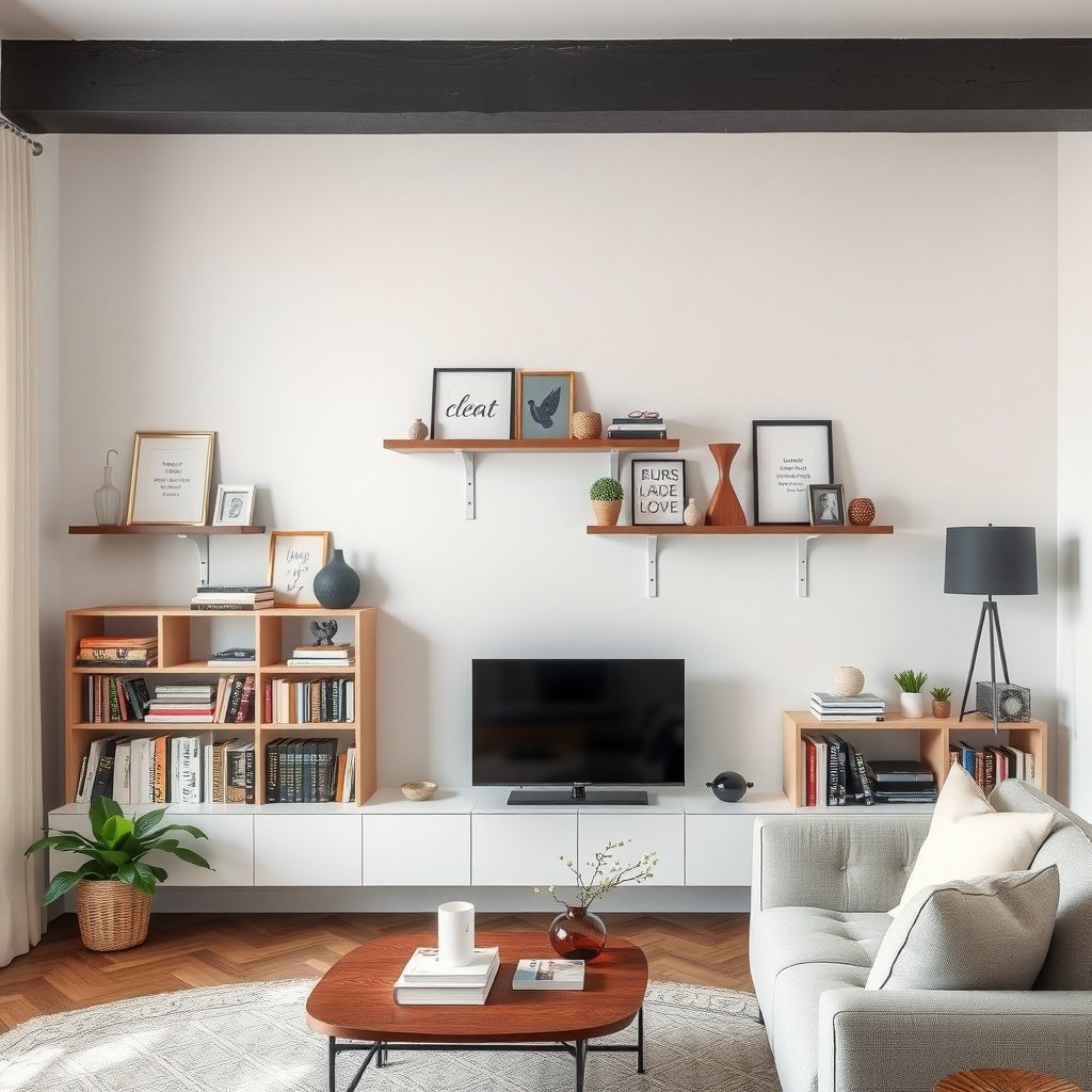 Shelving in a small living room with books, decor, and a TV on a white wall.