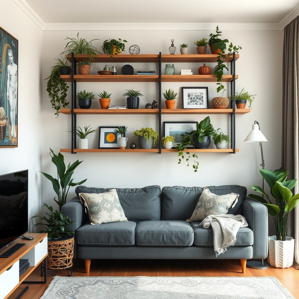 A stylish living room featuring a gray sofa, decorative shelving above with plants and artwork, and a cozy atmosphere.