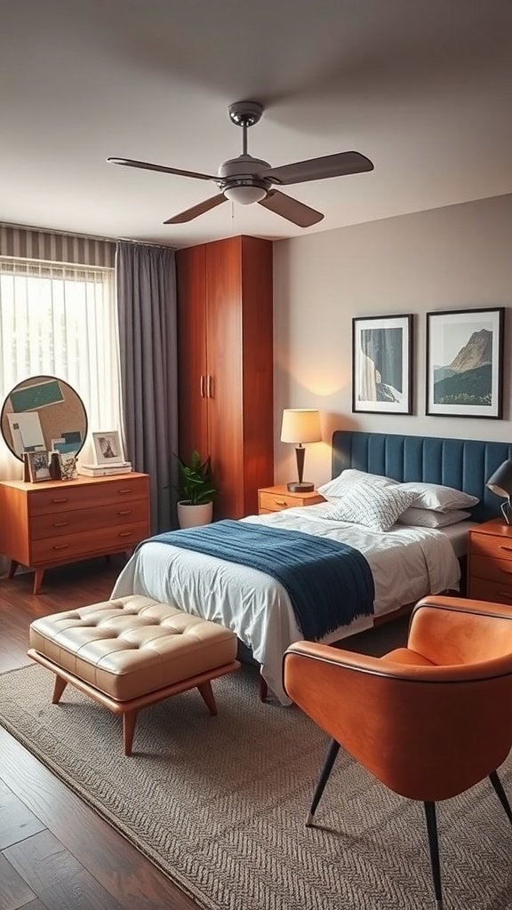 A mid-century modern bedroom featuring a cozy bed, retro decor, and neutral colors.