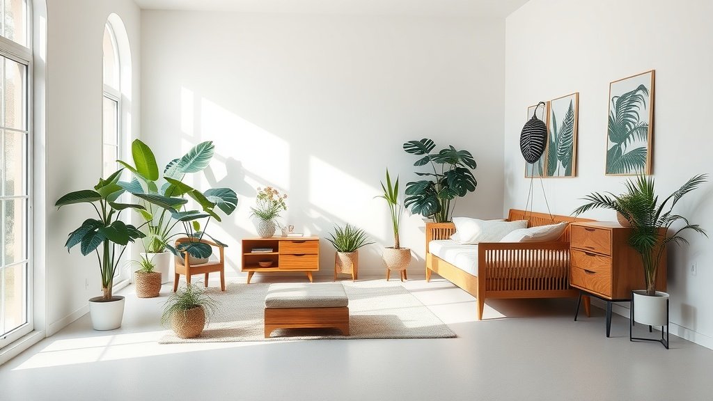 A minimalist bedroom featuring natural elements like plants and wooden furniture, with warm sunlight streaming in.