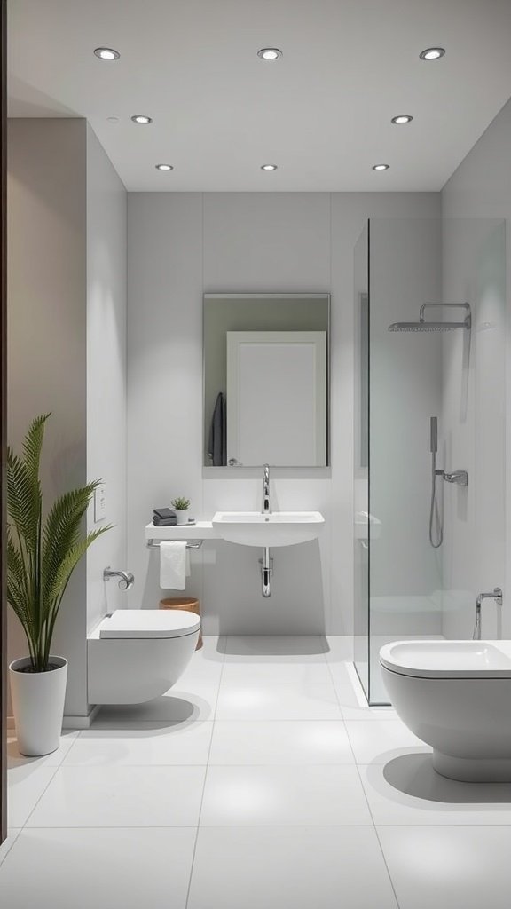 A sleek, minimalist bathroom design with modern fixtures and a touch of greenery.