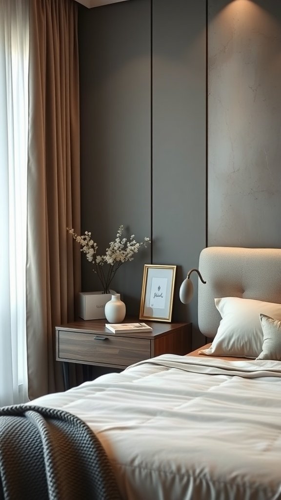 A minimalist nightstand next to a bed, featuring a white design with a drawer, a vase, and a few books.