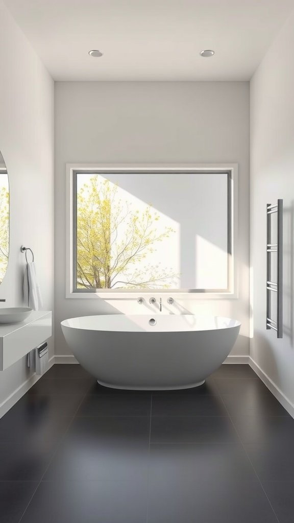 A minimalist bathroom featuring a large freestanding tub, sleek cabinetry, and abundant natural light from a window.