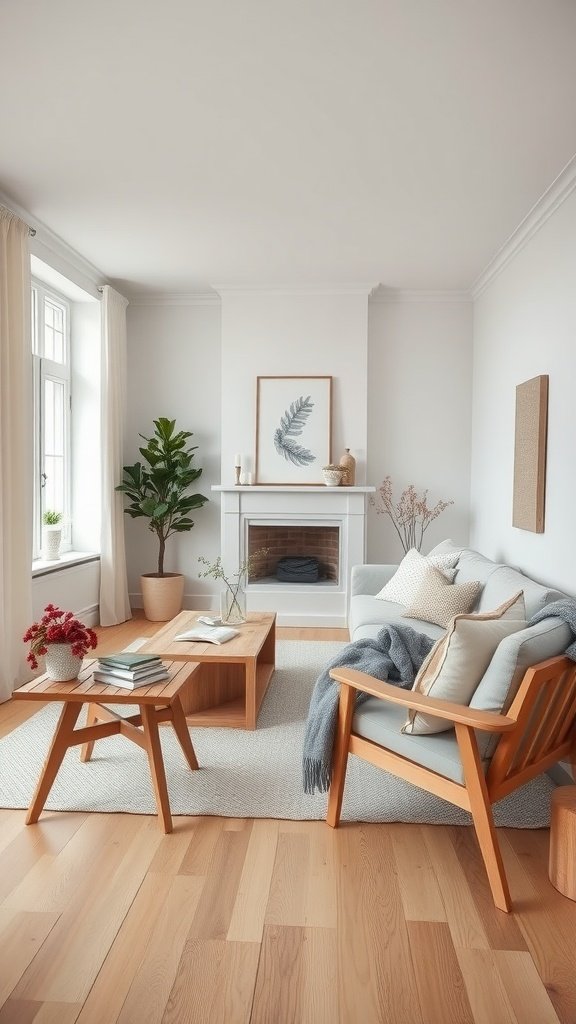 A minimalist Scandinavian living room featuring a light color palette, wooden furniture, and indoor plants.