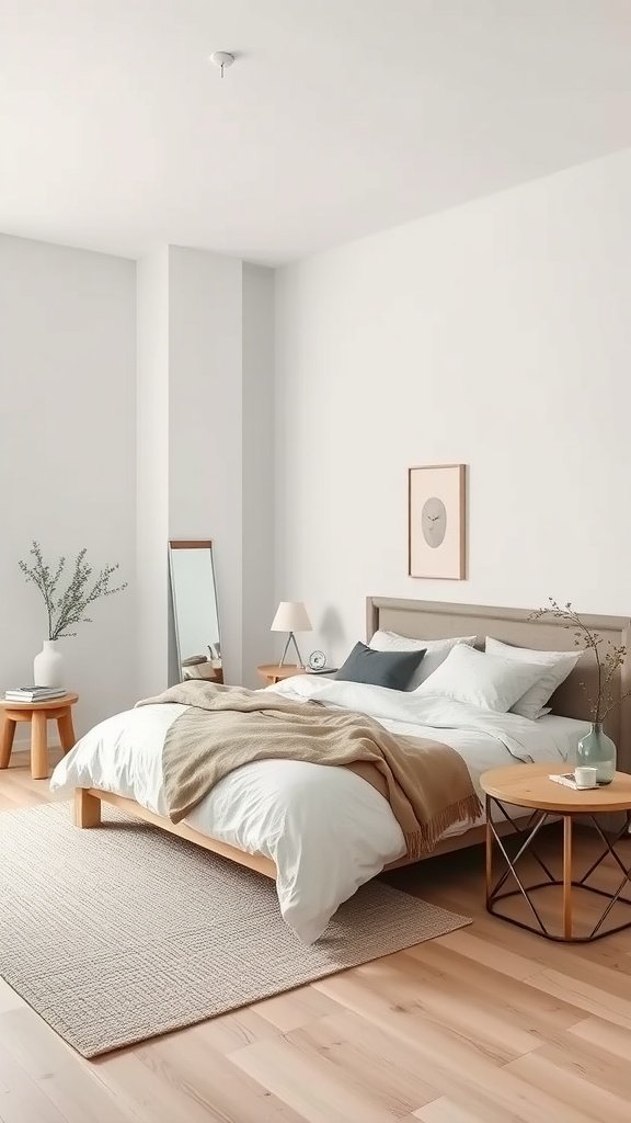 A minimalist Scandinavian bedroom featuring a wooden bed, white bedding, and a light wood floor.